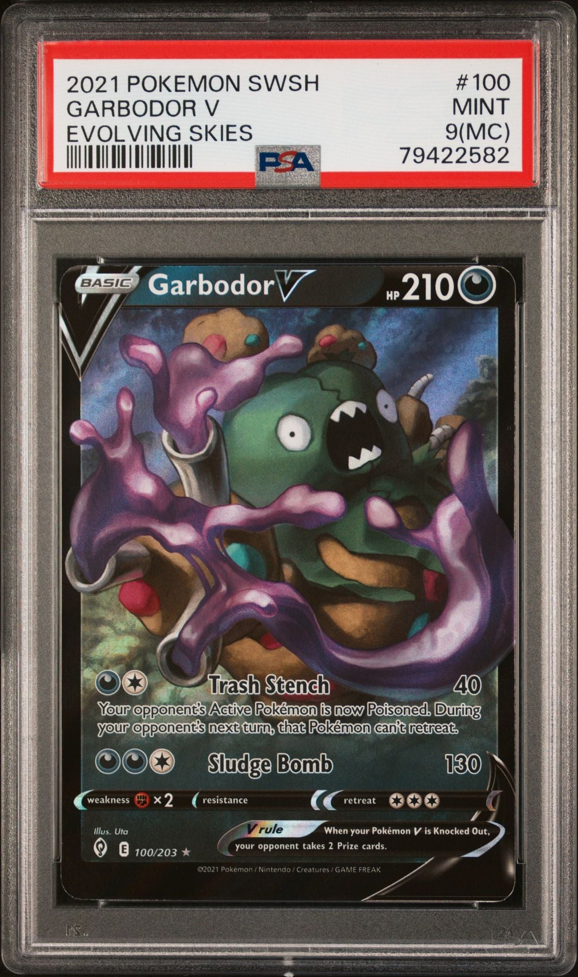 EVOLVING SKIES GARBODOR V #100 MISCUT PSA 9