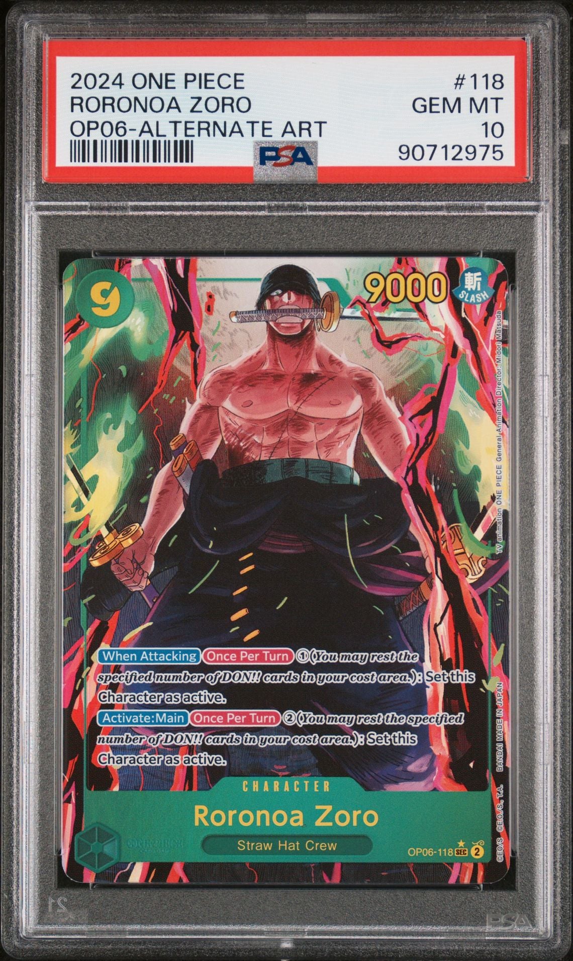 OP06 ENGLISH - RORONOA ZORO SEC ALTERNATE ART #118 PSA 10